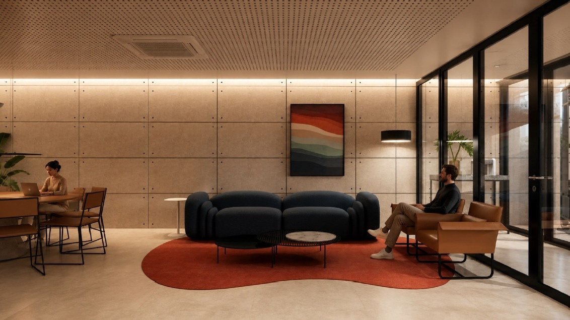 Co-living com sofá e mesa de trabalho