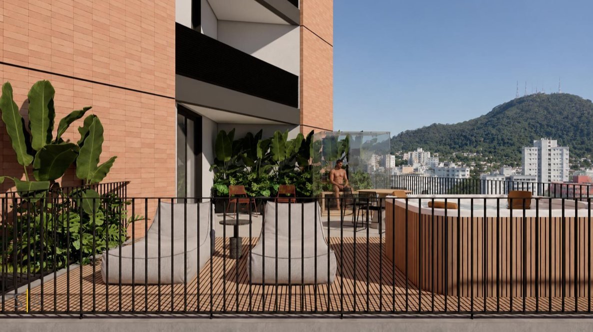 Sauna seca e deck com vista para o morro