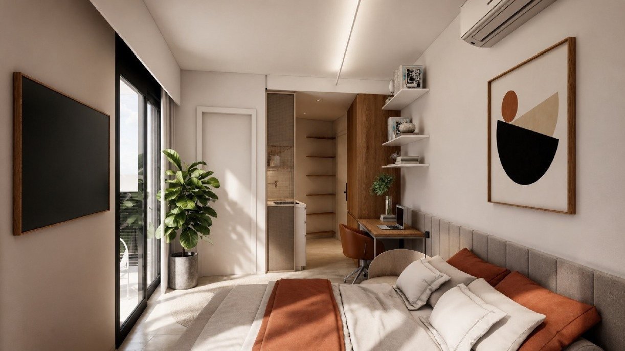 Studio de canto: cama e acesso à sacada