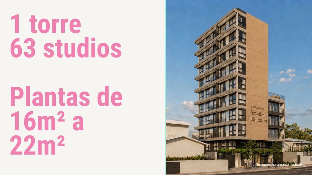 Página do Book: 1 torre, 63 studios, plantas de 16 m² a 22 m²